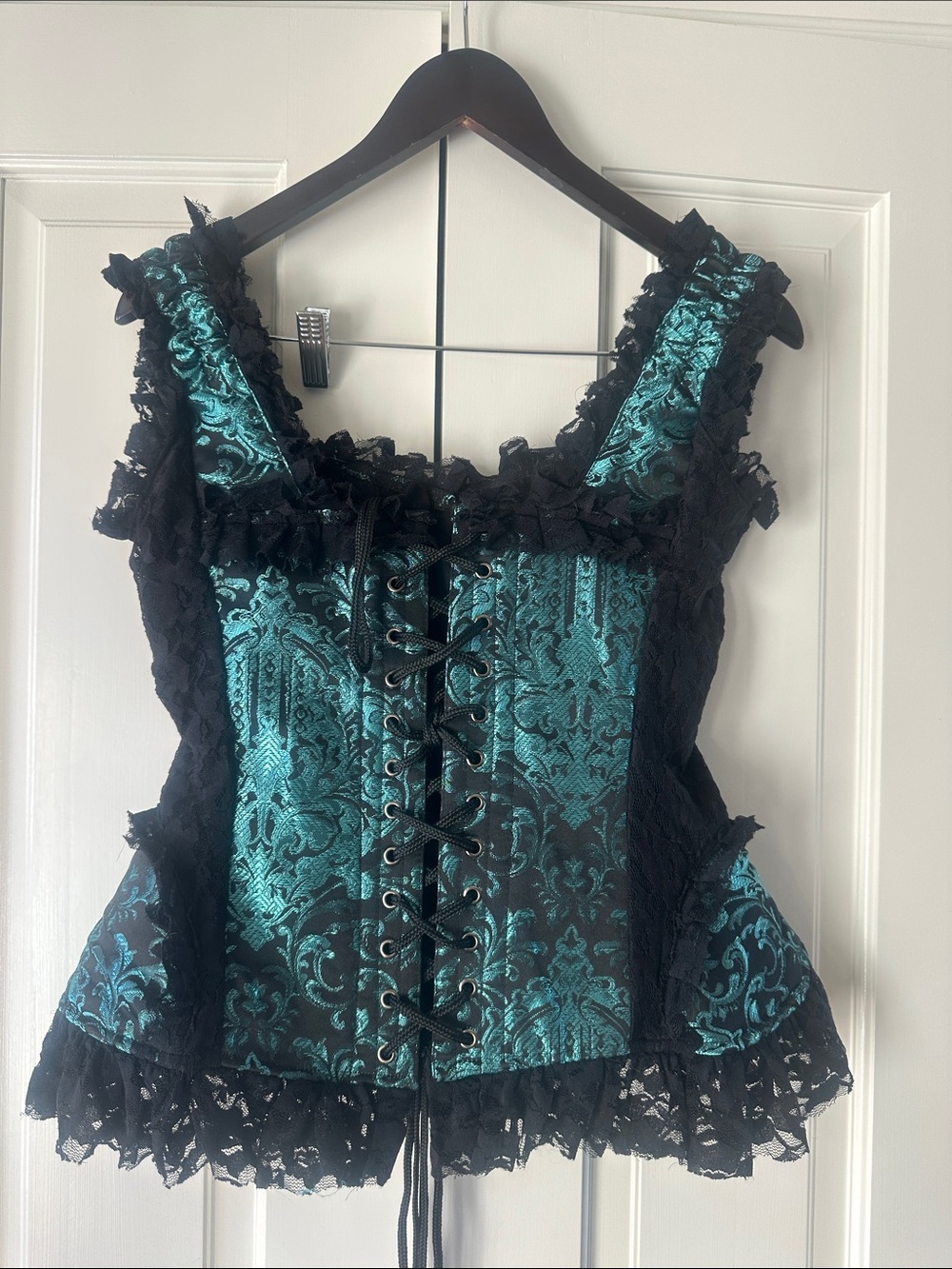 Teal Brocade Lace-Up Corset Bodysuit with Black Lace Trim